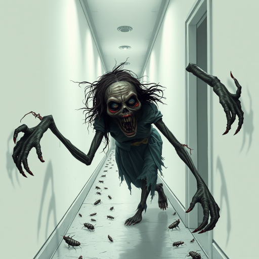 a crooked woman with long arms and a creepy smile is crawling along a long white corridor and you can also see cockroaches in it there is a creepy atmosphere creepy art style