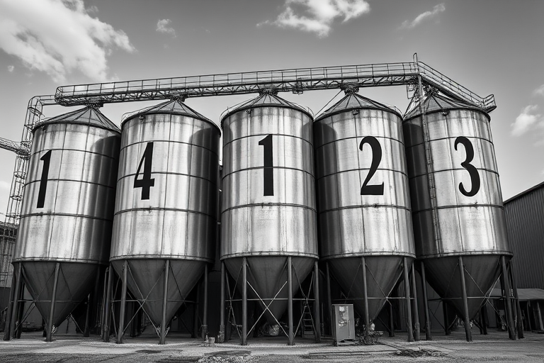regenerate an industrial scene featuring five large metallic silos with numbers 1 to 5 on them, shot with a Canon EOS R5 at f/8, 1/250s, ISO 100, in black and white, with a shallow depth of field and a focus on texture and contrast, using a wide-angle lens from a slightly elevated angle
