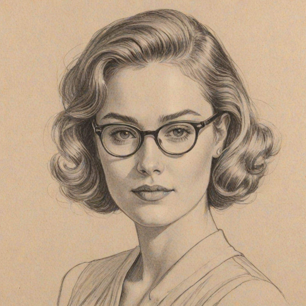 Appealing Virginia Gardner, pencil sketch, portrait of Comely woman 1949s in glasses, hair style beatnik, outline, clear lines, fine lines, 8k