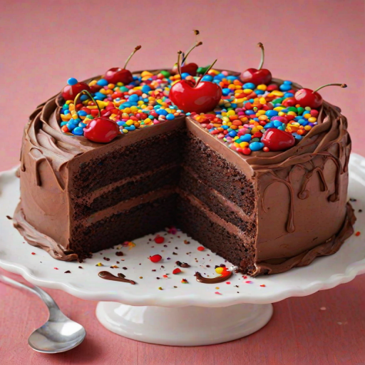 Generate an image of a chocolate cake with a smooth chocolate frosting. The cake should have decorative swirls of frosting on top, adorned with colorful cherry-like toppings. Scatter small heart-shaped sprinkles in various colors around the sides of the cake. The background should be simple and neutral to highlight the cake.