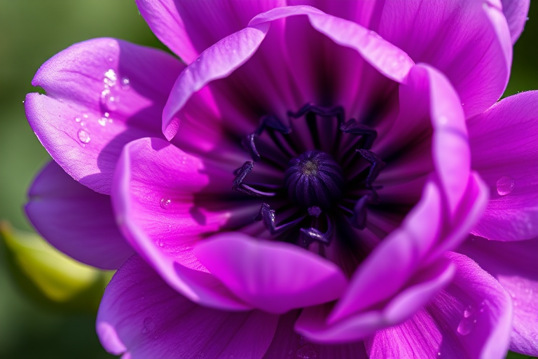 macro shot of a purple ranunculus flower with water droplets on petals, shallow depth of field, soft natural light, f/2.8 aperture, 100mm lens, ISO 200, taken with a DSLR camera, focus on the flower center and textured details