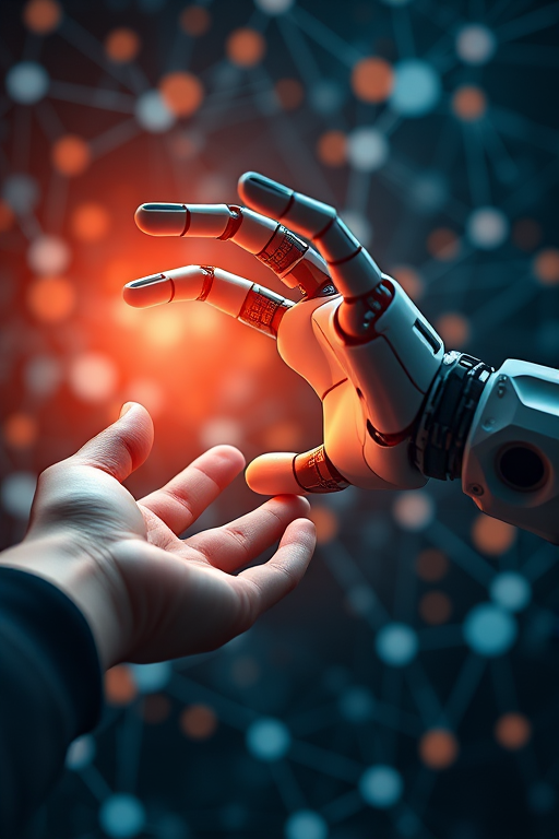 Create a high-resolution image of a robotic hand reaching towards a human hand, with a futuristic background of interconnected nodes and particles, using a Canon EOS R5, 85mm lens, aperture f/1.8, ISO 100, and a soft focus to enhance depth of field.