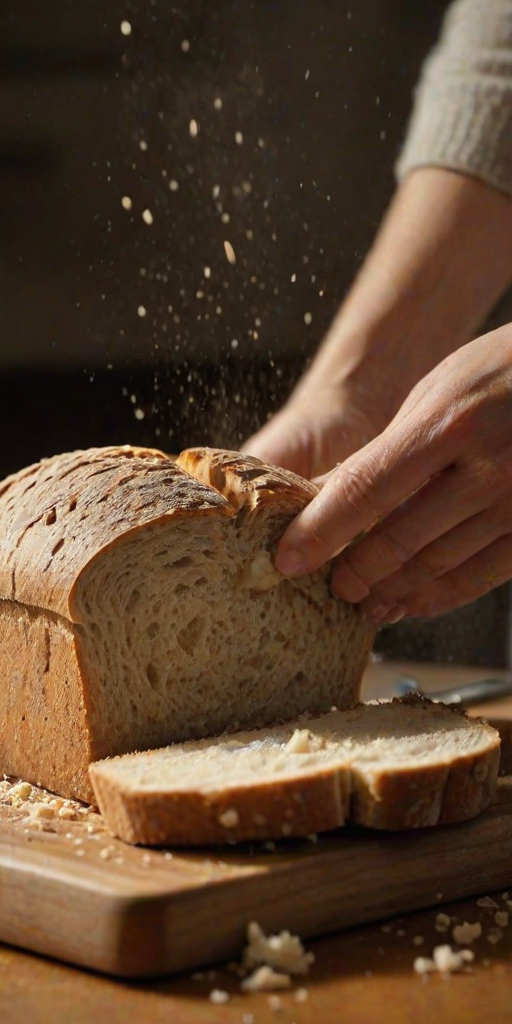 Warmly lit, close-up photo of a loaf of freshly baked bread being sliced, soft crumbs falling onto a wooden cutting board, with steam rising from the warm interior and a butter knife nearby.