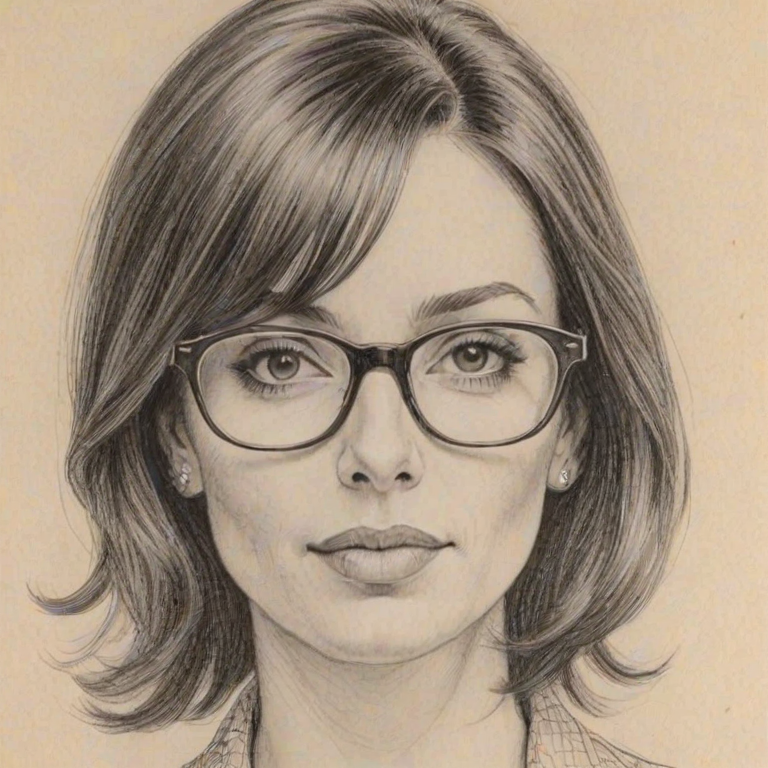 Attractive Beth Dover, pencil sketch, portrait of Fetching woman 1968s in glasses, hair style beatnik, outline, clear lines, fine lines, 8k