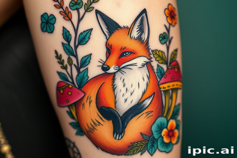 Neo-traditional tattoo named "Enchanted Forest" featuring a stylized fox surrounded by lush foliage and magical mushrooms, rendered in a palette of rich earthy tones and accented with pops of teal and gold, blending classic and contemporary tattoo styles