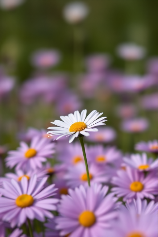 Capture a close-up of a single daisy in a field of purple daisies with a shallow depth of field, using a DSLR camera, 50mm lens, f/1.8 aperture, 1/200s shutter speed, ISO 100, natural lighting, and a soft bokeh effect in the background.
