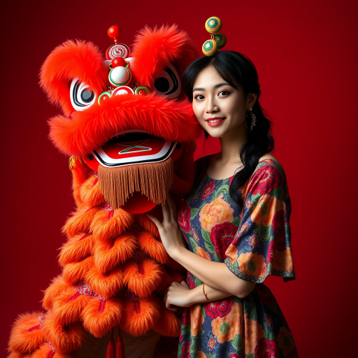 A woman in a colorful dress posing next to a traditional lion dance costume, red backdrop, soft lighting, portrait mode, f/2.8 aperture, 50mm lens, ISO 100, high resolution, studio photography.
