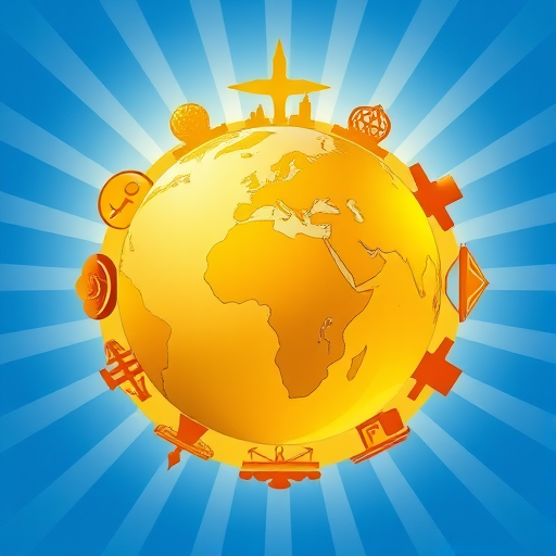 Create a high-resolution illustration featuring a golden globe with symbols of major world religions arranged around it, on a vibrant blue background with rays extending outward; camera settings: aperture f/8, ISO 100, shutter speed 1/125s; camera view: wide angle; camera style: digital illustration; camera type: DSLR.