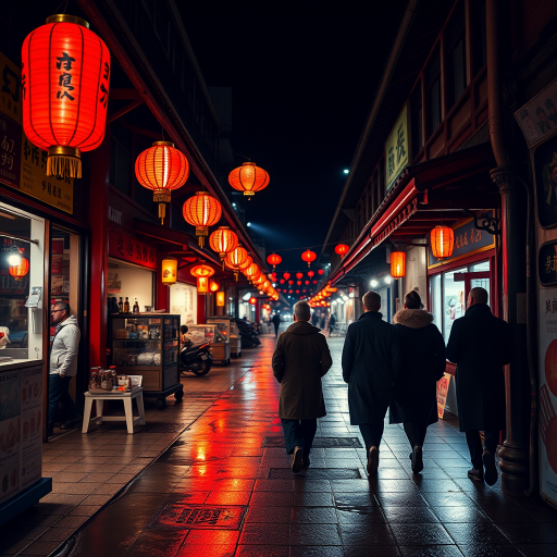 Create a nighttime street scene in a historical Asian market with glowing red lanterns, reflecting wet pavement, four figures walking away in long coats, shallow depth of field, 35mm lens, f/2.8 aperture, ISO 200, long exposure to enhance ambient light, high dynamic range imaging.