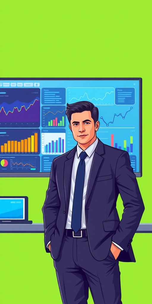Create a digital illustration of a professional man in a suit standing in front of a large computer screen displaying colorful data charts and graphs, use a high-resolution digital camera with a focal length of 24mm, aperture f/5.6, ISO 100, and a slight depth of field to enhance the image quality, rendered in a modern vector style with a bright green background.