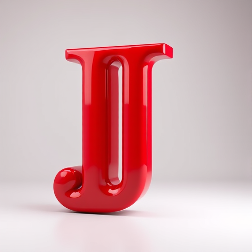 Create a 3D rendering of a large, glossy red letter J with reflections and highlights, shot using a DSLR camera, aperture f/8, ISO 100, 50mm lens, in a soft-focused studio setting with diffused lighting.