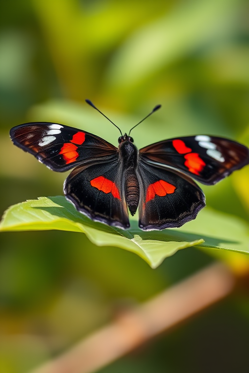 Capture a close-up of a black butterfly with red markings perched on a green leaf, with a shallow depth of field, using a DSLR camera, f/2.8 aperture, 100mm macro lens, ISO 200, and natural light for enhanced detail and vibrancy.