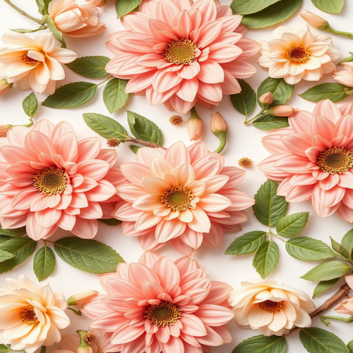 create a seamless floral pattern featuring soft pink, peach, and green flowers with leaves on a white background, use a macro lens, aperture f/4, ISO 100, 50mm lens, shot from a top-down view, using a digital SLR camera for enhanced detail and vibrancy