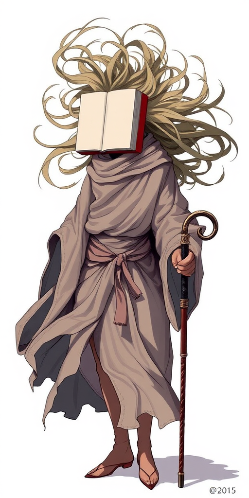 Create a high-resolution illustration of a figure with a book for a head, wearing a flowing robe and holding a cane, with dynamic hair flowing as if in motion, utilizing a Canon EOS R5, 50mm lens, f/2.8 aperture, ISO 100, and a slight tilt for artistic effect.