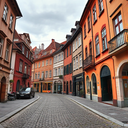 regenerate an image of a charming cobblestone street in a historical European town, showing colorful buildings with intricate facades, under a moody sky, using a DSLR camera with a 35mm lens, aperture f/8, shutter speed 1/125s, ISO 200, in landscape orientation with a slight tilt upwards for dramatic effect
