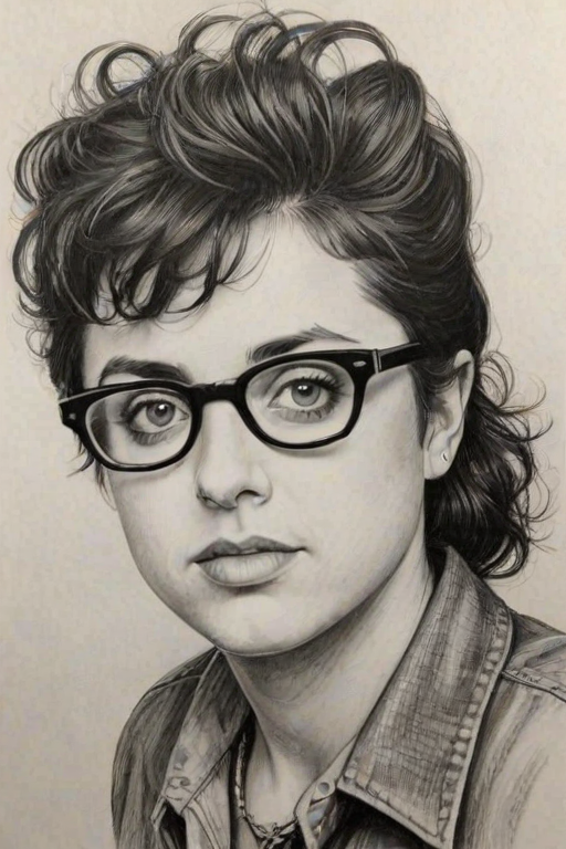Superb Billie Joe Armstrong, pencil sketch, portrait of Enchanting woman 1941s in glasses, hair style beatnik, outline, clear lines, fine lines, 8k