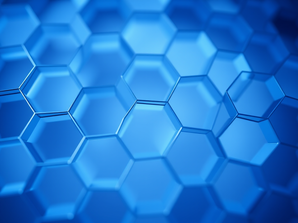Create a high-resolution abstract image of interconnected hexagons in varying shades of blue, focusing on depth and dimension with soft lighting, using a Canon EOS R5, 35mm lens, f/8 aperture, ISO 100, and a shutter speed of 1/125 seconds, with a slight bokeh effect.