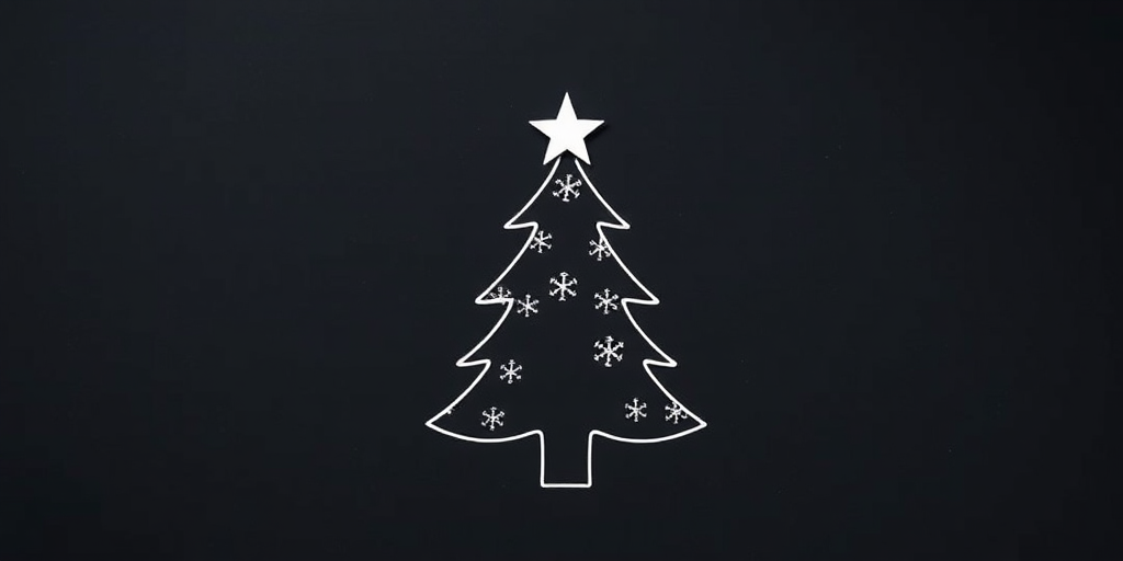 Create a minimalist black background image of a cut-out Christmas tree with snowflake details, using a DSLR camera, f/2.8 aperture, 50mm lens, ISO 100, shot in a soft focus style.