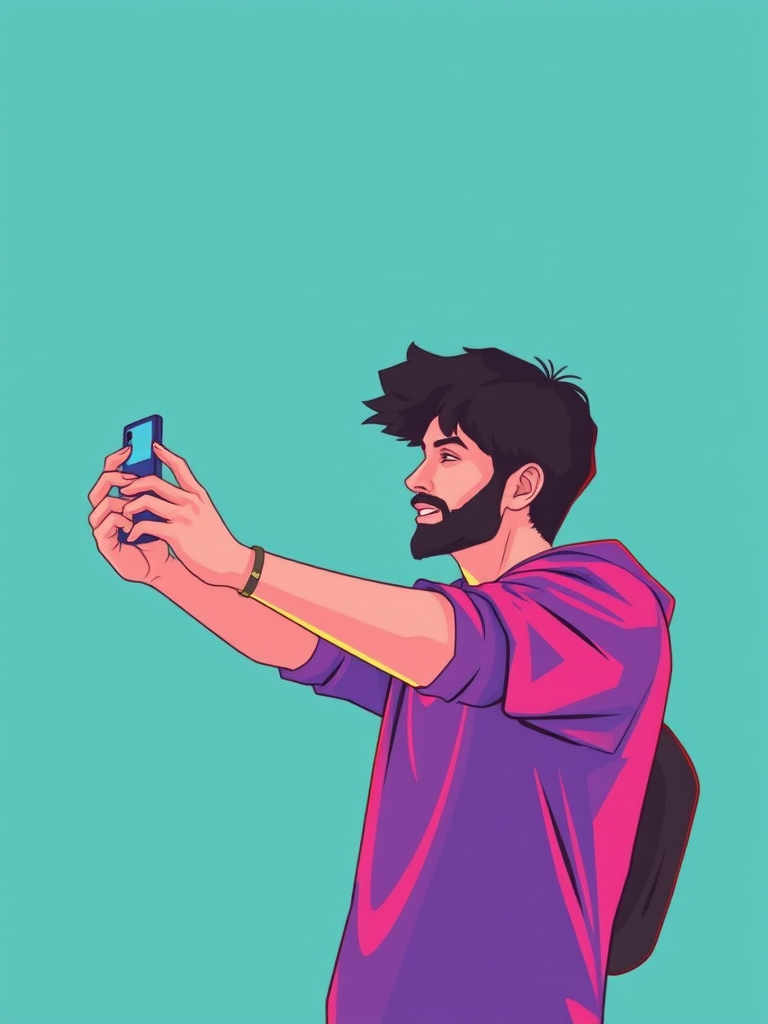 Create a vibrant digital illustration of a person taking a selfie with a smartphone, using a minimalistic style with solid colors, featuring a plain teal background, shot from a slightly low angle to enhance perspective, in high resolution with soft lighting effects, utilizing a DSLR camera with a 50mm lens at f/1.8, ISO 100, and a shutter speed of 1/200s for clarity.