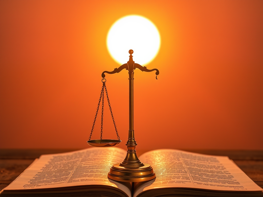Create a vibrant image of a golden scales of justice placed on an open book, with a large luminous sun in the background, using a DSLR camera with a 50mm lens, aperture f/1.8, ISO 100, and a warm color filter for enhanced depth and clarity.