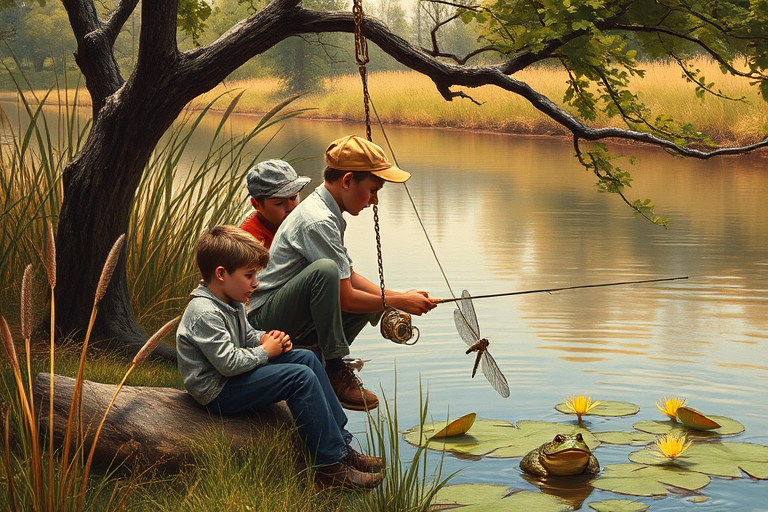 Imagine a small group of old fashioned young boys out fishing by the creek, a swing hanging from a tree branch, reeds and grasses by the water's edge, a frog sitting on a lily pad, dragonflies hovering over som water plans, a very iconic old fashioned scene reminiscent of a Norman Rockwell painting style