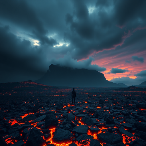 Generate a surreal landscape of a lone figure standing amidst a fiery, lava-filled terrain under a dramatic, dark sky with glowing embers, captured with a Canon EOS R5, 24mm lens, f/2.8 aperture, ISO 100, 1/200 sec exposure, wide-angle view for depth and detail, emphasizing contrasts and vibrant colors.