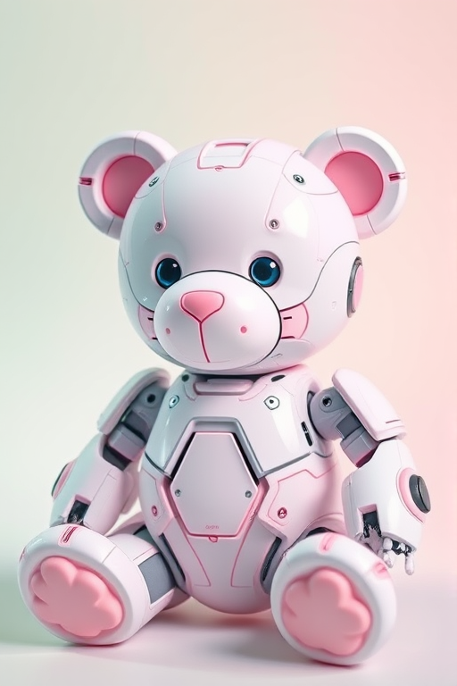 Create a highly detailed image of a futuristic robotic teddy bear with pastel colors, set against a soft gradient background, using a 50mm lens at f/1.8, ISO 100, and a shallow depth of field to enhance focus on the bear while softly blurring the background, shot in bright, diffused natural light for vibrant colors.
