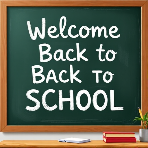 Create a high-resolution vector image of a chalkboard with the words "Welcome Back to SCHOOL" written in playful, bold lettering, using a 50mm lens, f/2.8 aperture, ISO 100, soft lighting, and a slight overhead angle for a warm, inviting classroom atmosphere.