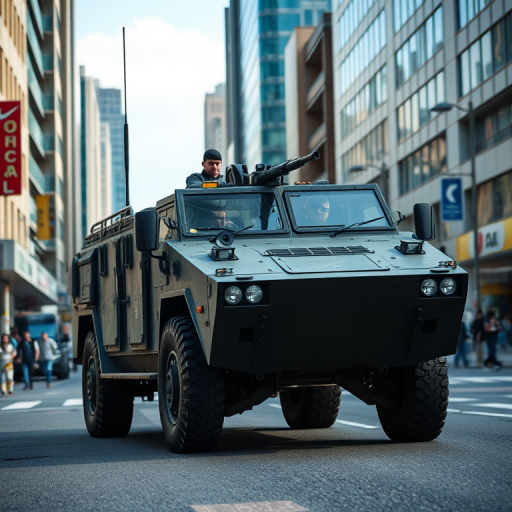military armored vehicle in a dynamic urban setting, wide-angle lens, aperture f/8, ISO 100, 1/250s shutter speed, natural lighting, high-definition, detailed textures, focus on vehicle exterior and occupants, shot from a low angle to emphasize height and presence.