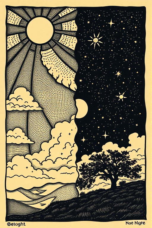 Create a detailed woodcut style illustration of a celestial scene showing the sky divided into day and night, with stars, the sun, and a tree in the foreground, captured with a vintage camera using a 50mm lens, f/8 aperture, ISO 100, with soft natural lighting for enhanced texture and clarity.