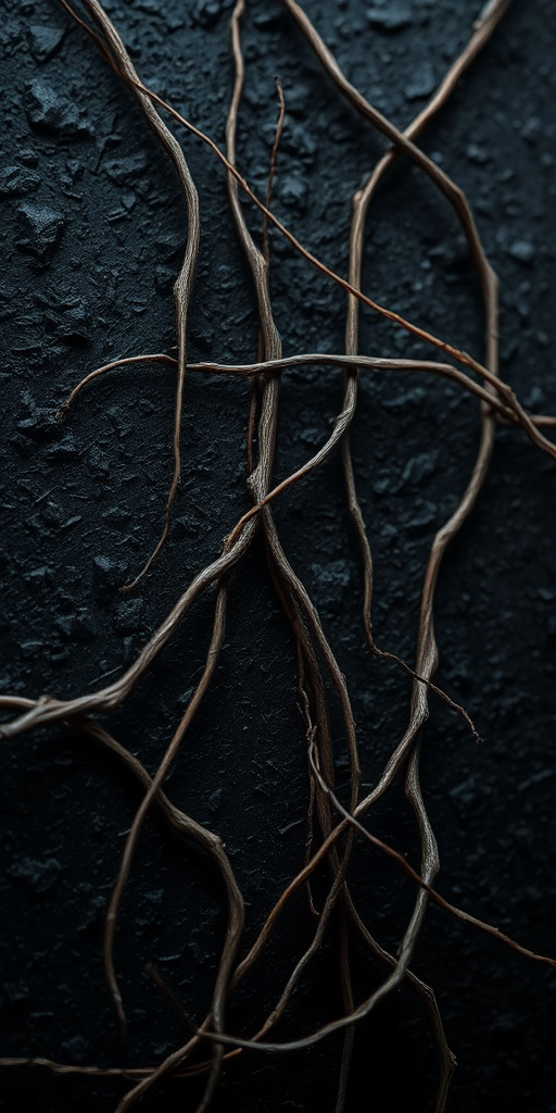 Create an abstract image of a textured dark surface with intertwined organic elements resembling thin branches or fibers, camera settings: ISO 200, aperture f/8, shutter speed 1/60, camera view: macro close-up, camera style: high dynamic range, camera type: DSLR.