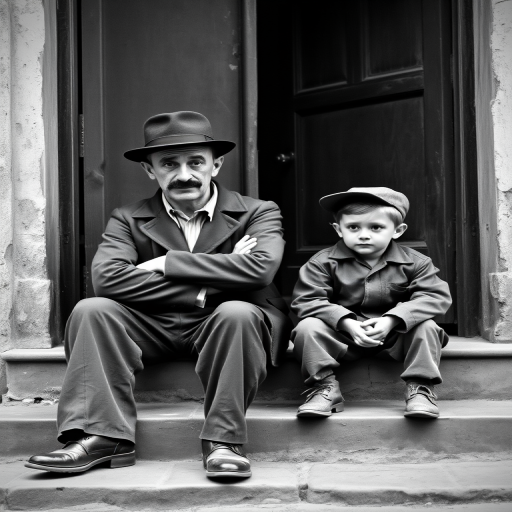 A black-and-white photograph of a man and a child sitting on steps in front of a doorway. The man is dressed as a tramp with a bowler hat, mustache, and ragged clothes, reminiscent of Charlie Chaplin's iconic look. He is sitting with his arms crossed and an expression of slight sadness or frustration. Next to him is a young boy, also in worn clothes and a cap, sitting with his hands clasped, looking thoughtful. The background is an old, textured wall and a partially open door, creating a vintage, early 20th-century atmosphere.