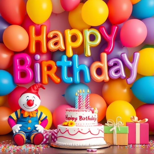 Create a vibrant birthday celebration image with colorful balloons in the background, featuring large, bold "Happy Birthday" letters, a clown, birthday cake, and gifts, captured with a DSLR camera at f/2.8 aperture, ISO 100, 35mm focal length, in a shallow depth of field for a soft bokeh effect.