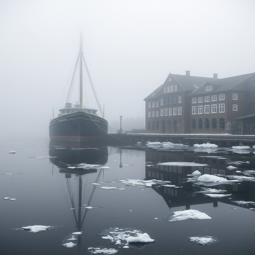 Capture a misty harbor scene featuring a tall ship docked by an old building, with ice floating in the water, shot using a DSLR camera at f/8, ISO 200, 1/125 sec, using a wide-angle lens from a low-angle perspective to emphasize reflection and atmosphere.