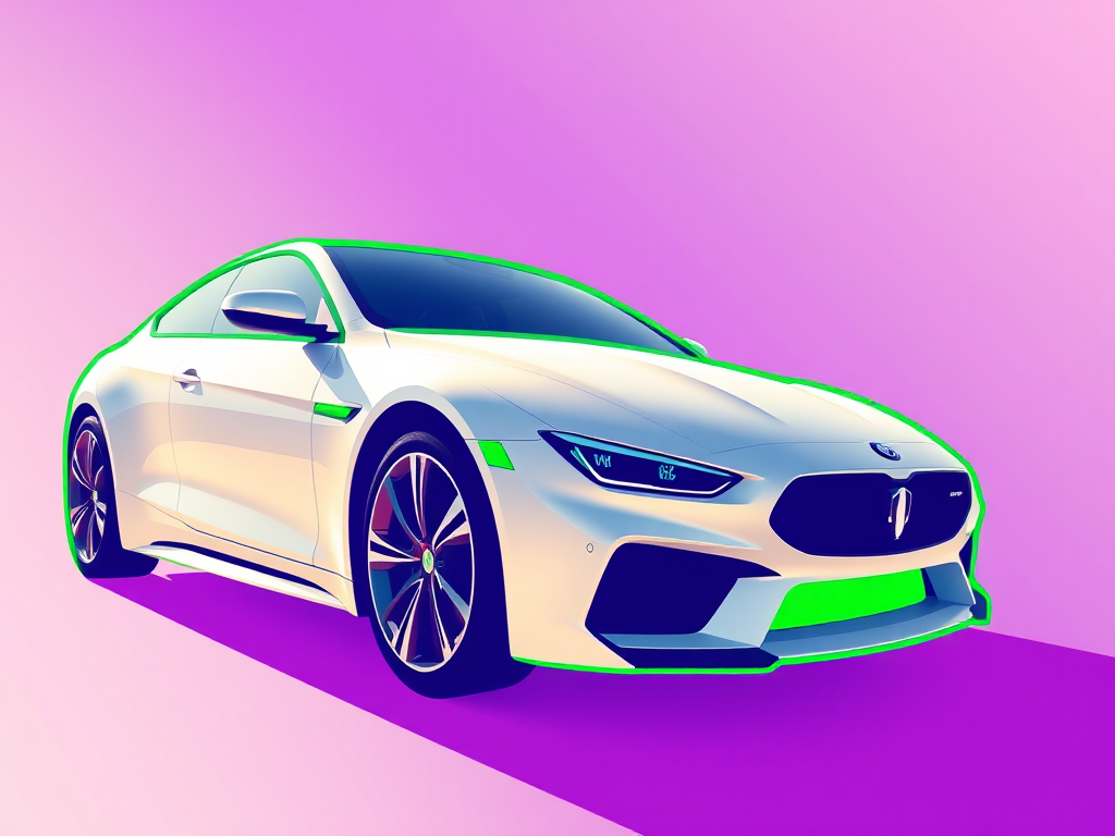 Generate a high-resolution digital illustration of a stylized car with a green outline, using a wide-angle lens, f/8 aperture, ISO 100, in sunlight for vibrant colors, with a focus on smooth gradients and a minimalistic design.