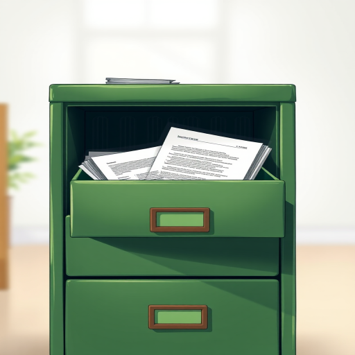 create a highly detailed illustration of a vintage green filing cabinet with an open top drawer revealing documents inside, shot in high resolution with a 50mm lens at f/2.8, using a shallow depth of field to blur the background, in a well-lit studio setting with soft, diffused lighting