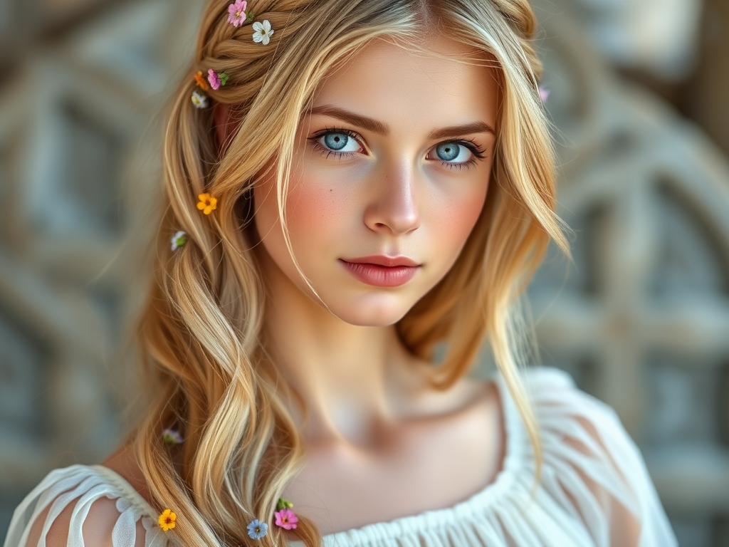 Create an image of a young Chaldean woman with long, wavy blonde hair, adorned with small, colorful flowers woven into her braids and loose strands. Her complexion is fair, with soft, glowing skin, and she has light blue eyes that gaze softly at the viewer. She wears a light, flowing dress with a gentle, ethereal quality, complementing her delicate and serene appearance. The background is slightly blurred, drawing focus to her tranquil expression and the intricate details of the flowers in her hair. The overall mood of the image is one of natural beauty and grace, evoking a sense of peacefulness and connection with nature.