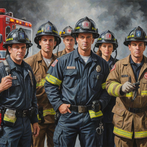 acrylic illustration of realistic first responders, fireman, policeman, emts, doctors, nurses, military