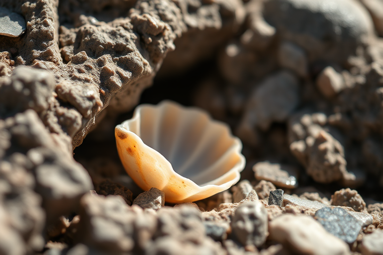 A close-up image of a shell partially embedded in rocky terrain, captured with a DSLR camera at f/2.8 aperture, ISO 100, 50mm lens, natural sunlight, shallow depth of field to enhance texture and detail.