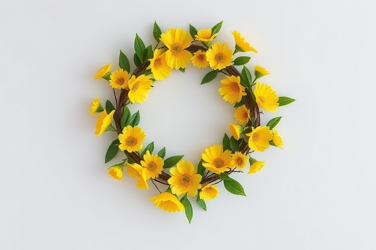 Create a high-resolution image of a floral wreath made of yellow flowers and green leaves on a transparent background, shot with a Canon EOS R5, 50mm lens, f/2.8 aperture, ISO 100, using natural light for enhanced color vibrancy.