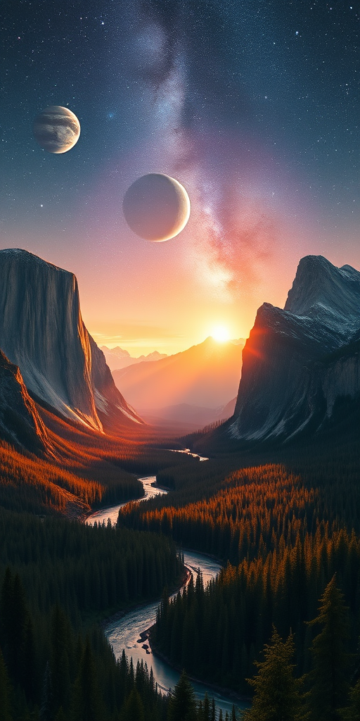 generate a high-resolution fantasy landscape featuring towering mountains with sharp peaks under a starry sky with multiple planets visible, a winding river flowing through a lush forest in the foreground, using a DSLR camera with settings of f/8 aperture, ISO 100, 24mm lens, shot at sunrise for optimal lighting and vibrant colors