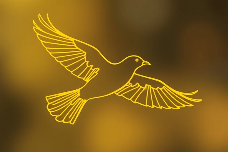 Create a highly detailed gold outline of a flying bird with intricate feather patterns, shot with a DSLR camera using a 50mm lens, aperture set to f/1.8, ISO 200, and a soft focus background to enhance the image quality.