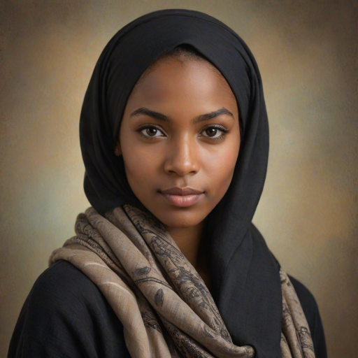 Create a portrait of a young African American female with long, dark hair and captivating hazel eyes. She is wearing a black headscarf and a matching scarf draped gracefully around her neck. The background is softly blurred, focusing attention on her serene and natural expression. The overall color palette is muted and warm, enhancing the intimate and authentic feel of the portrait.