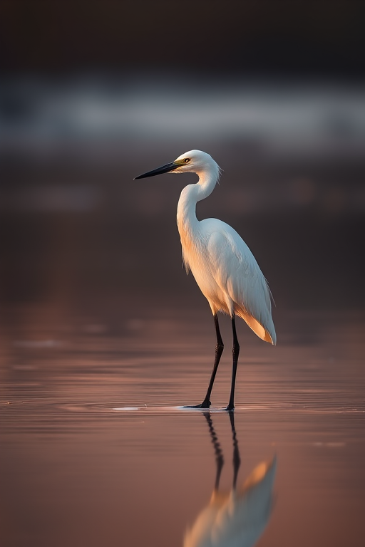 capture a serene scene of a white heron standing in calm water at sunset with soft reflections in the background using a DSLR camera with a 70-200mm lens at f/4, ISO 200, shutter speed 1/500s, focus on the heron with a shallow depth of field for a blurred background.
