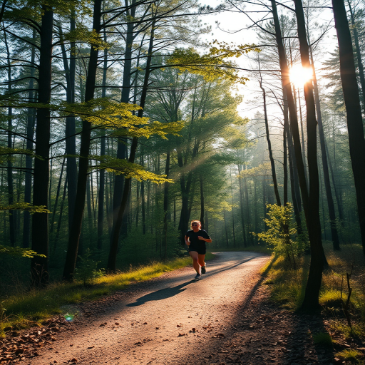 a person jogging on a forest path surrounded by trees with sunlight filtering through the leaves, captured with a Canon EOS R5, 24-70mm lens, f/2.8 aperture, ISO 100, 1/500 sec shutter speed, wide shot during golden hour for enhanced image quality