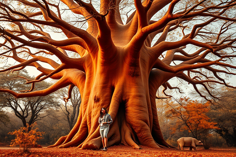 Regenerate a stylized image of a large, orange-barked baobab tree with a person standing beside it, in warm autumn colors, taken with a Canon EOS R5, 50mm lens, f/2.8 aperture, ISO 100, 1/200 sec shutter speed, shot from a low angle to emphasize the height of the tree and create a soft focus background.