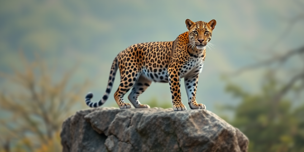 A realistic depiction of a leopard standing on a rock, photography style, 85mm lens, f/2.8 aperture, ISO 100, shallow depth of field, natural light, high resolution.