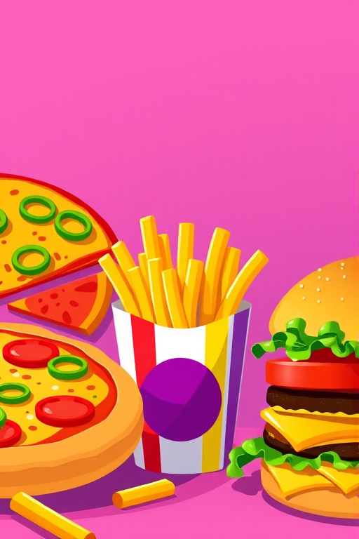 Create a vibrant, high-resolution illustration of a fast-food scene featuring a pizza with green peppers, a stack of golden fries in a colorful container, and a juicy burger with lettuce and tomato on a gradient purple background, using a Canon EOS R5 with a 50mm f/1.8 lens, f/4 aperture, 1/200 sec shutter speed, and ISO 100 for optimal clarity and detail.