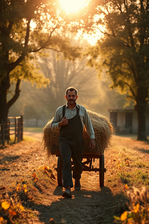 Generate an image of a farmer walking with a cart of hay under soft sunlight filtering through trees in a rural setting, using a DSLR camera with a 50mm lens, aperture set to f/1.8, ISO 200, and a shutter speed of 1/200 sec, capturing a warm and nostalgic atmosphere.