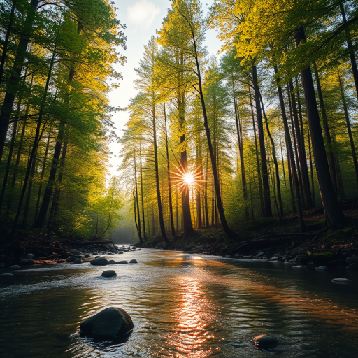Create an image of a serene, sunlit forest scene with a clear, gently flowing river. Tall trees with lush green foliage line both sides of the river, their leaves bathed in the warm golden light of the setting or rising sun. The sunlight filters through the trees, casting soft, dappled light on the river, which flows over smooth rocks and pebbles, creating a peaceful, natural atmosphere. The sky is bright with a few scattered clouds, and the overall mood is tranquil, evoking a deep sense of connection with nature. The image captures the beauty of a calm, pristine forest landscape at either dawn or dusk.